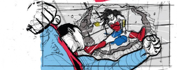 Un storyboard du combat entre Superman et Wonder Woman dans Justice League Mortal